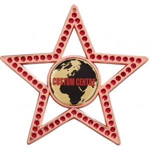 GOLD 75MM - RED STAR GEMSTONE CUSTOM VINYL DOMED MEDAL **SPARKLE**